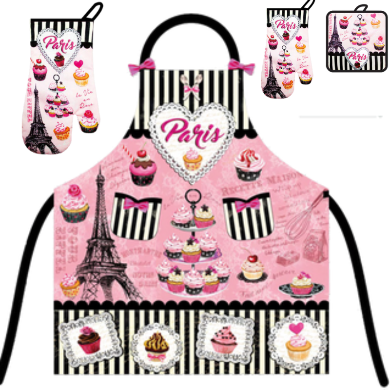 Tablier de Cuisine Paris Rose – Set 3 Pièces Chic & Gourmand (Tablier, Gant & Manique)