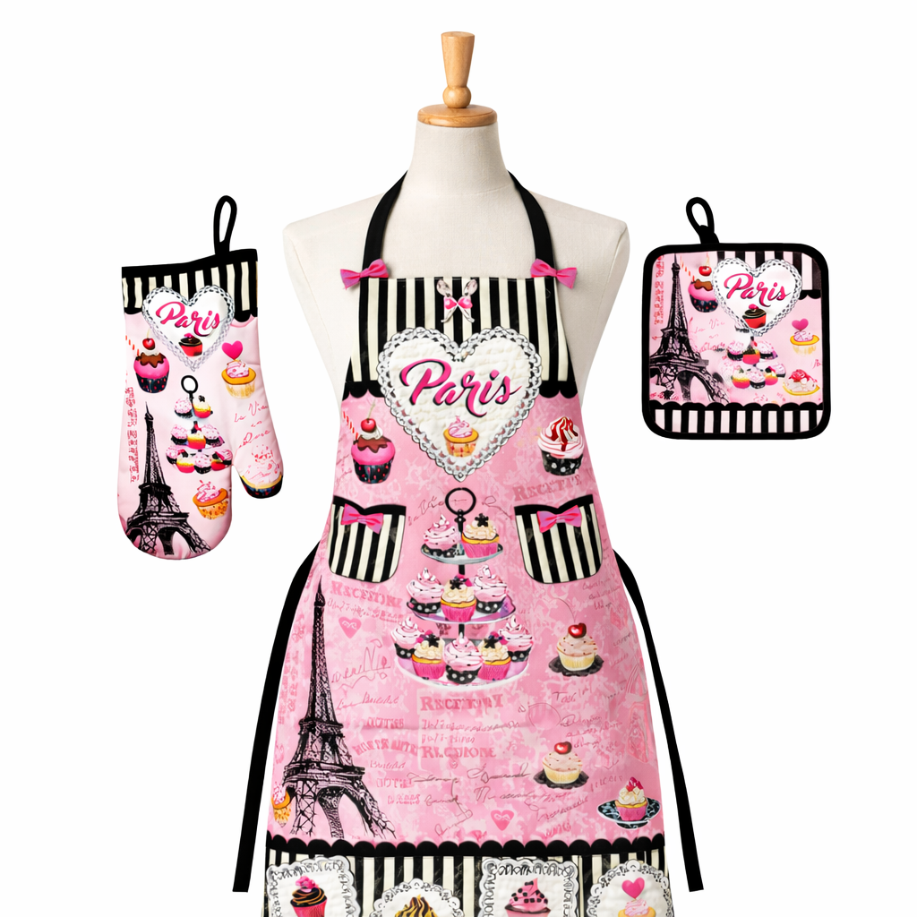 Tablier de Cuisine Paris Rose – Set 3 Pièces Chic & Gourmand (Tablier, Gant & Manique)