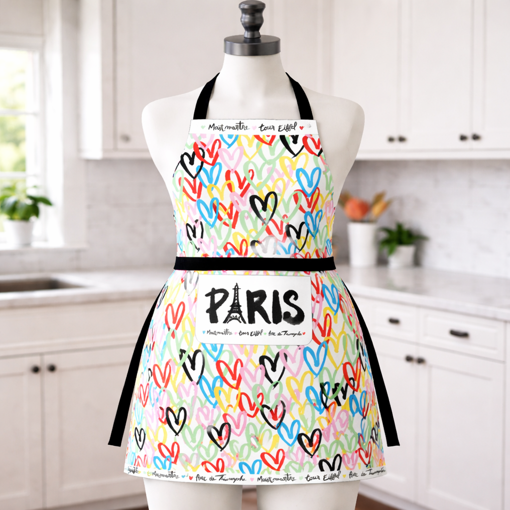 Tablier de cuisine « Paris Love » – Motifs cœurs multicolores