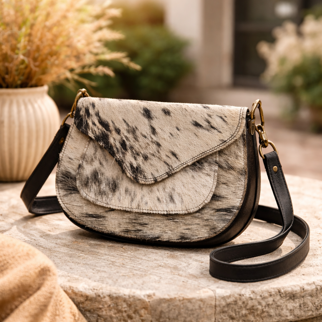 Sac Bandoulière en Cuir & Peau de Vache – Élégance Naturelle