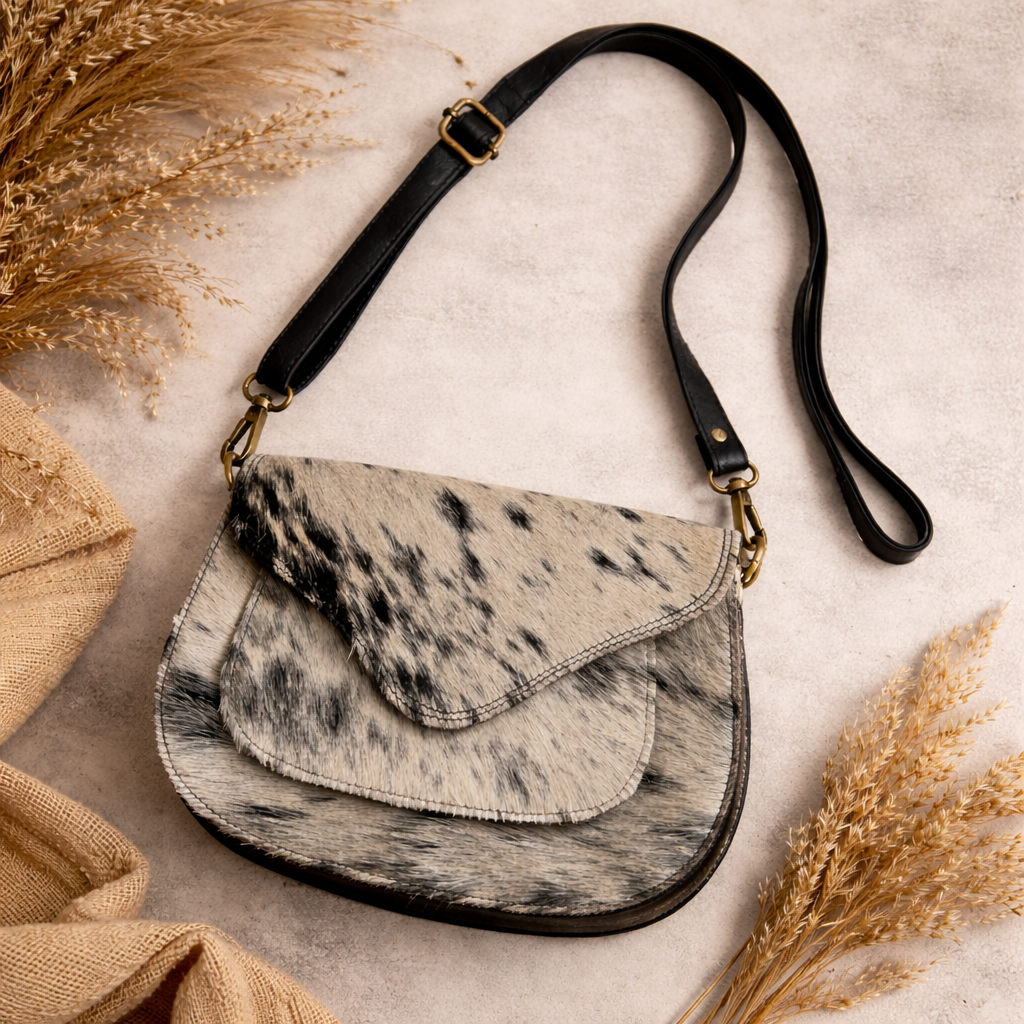 Sac Bandoulière en Cuir & Peau de Vache – Élégance Naturelle