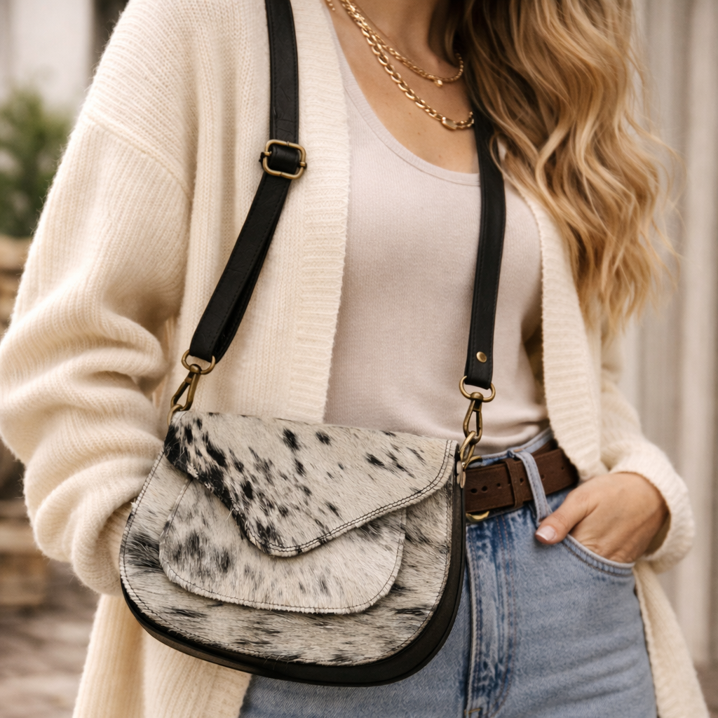 Sac Bandoulière en Cuir & Peau de Vache – Élégance Naturelle