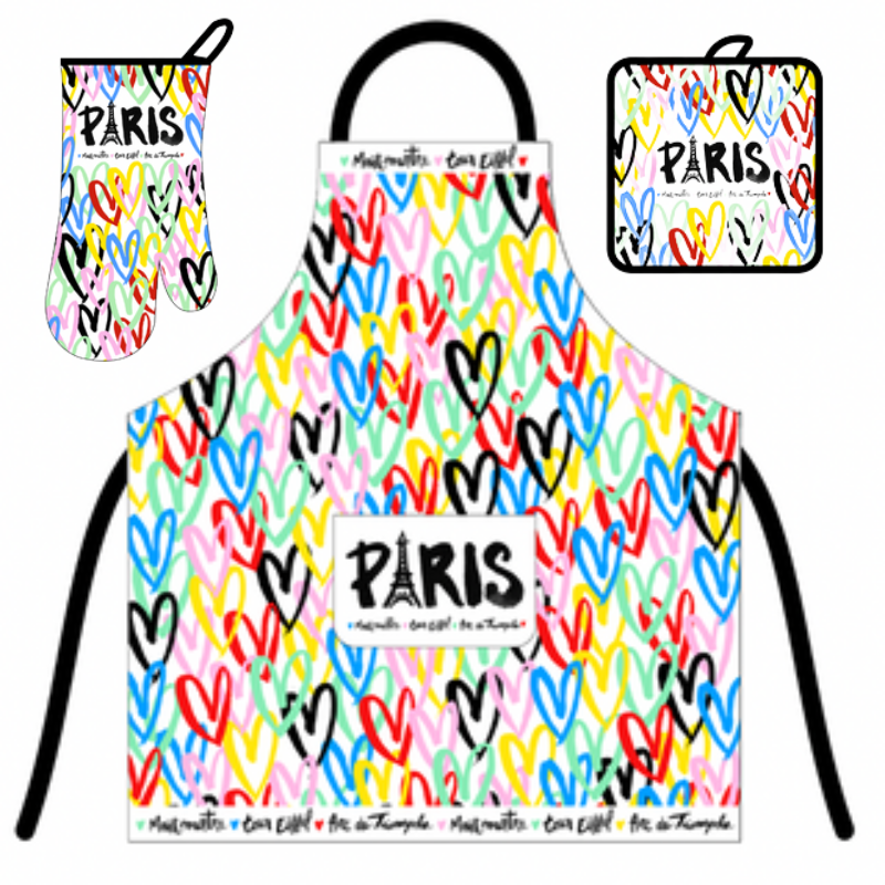 Tablier de cuisine « Paris Love » – Motifs cœurs multicolores