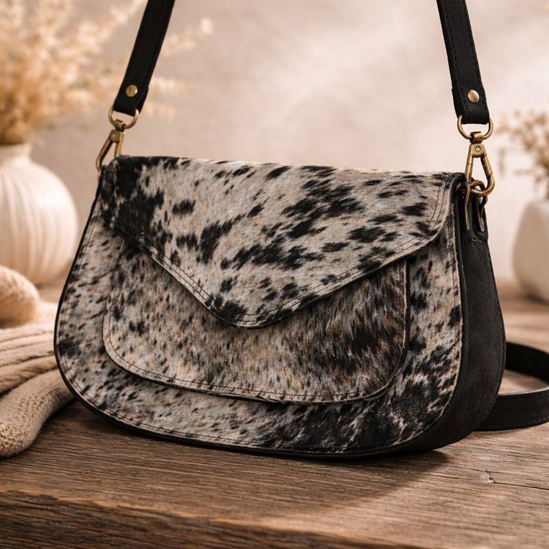 Sac Bandoulière en Cuir & Poil de Vache – Noir & Blanc